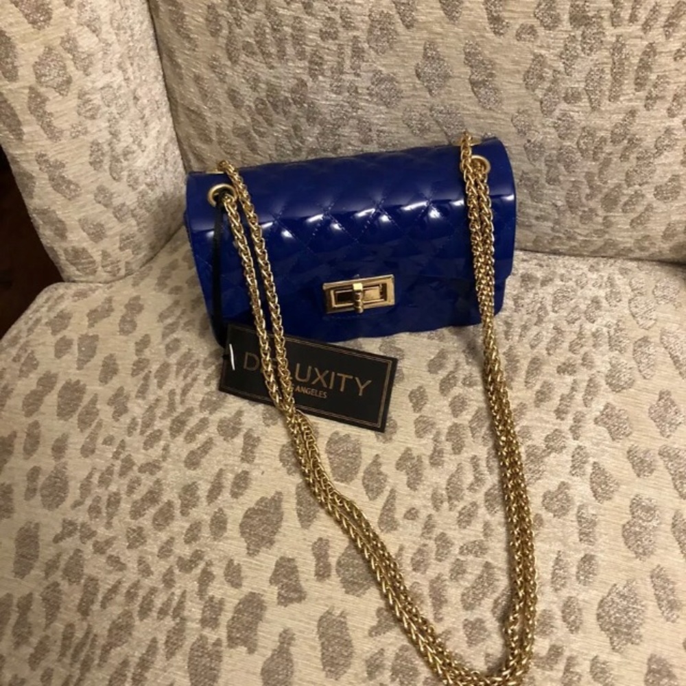 Deluxity RoyalBlue Jelly Handbad Gold Chain Straps